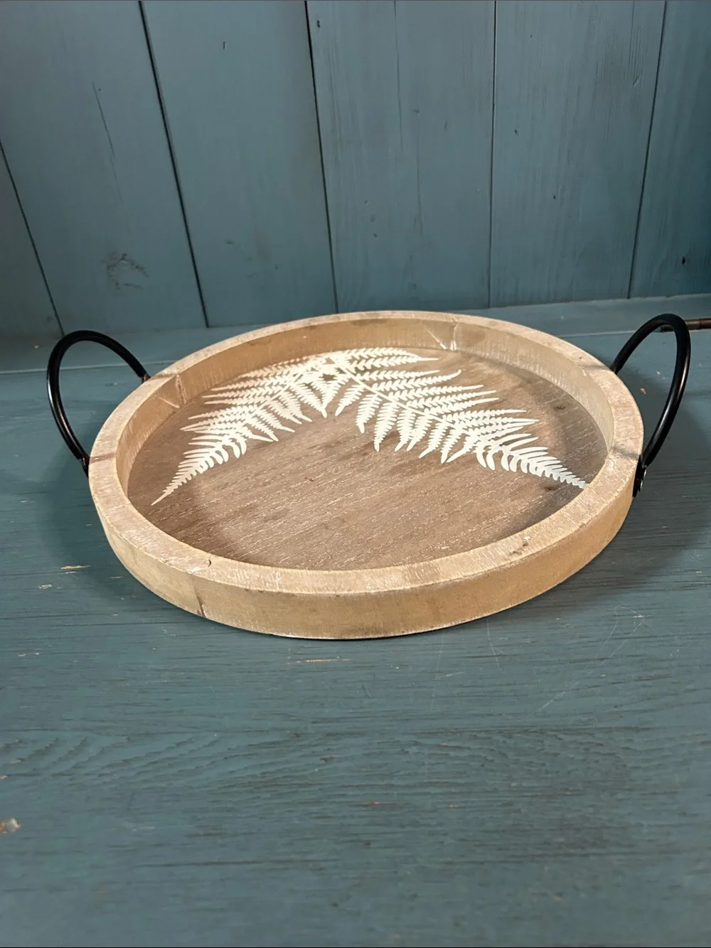 Hand Crafted Natural Wood Tray with White Fern and Black Handles | 11” Round
